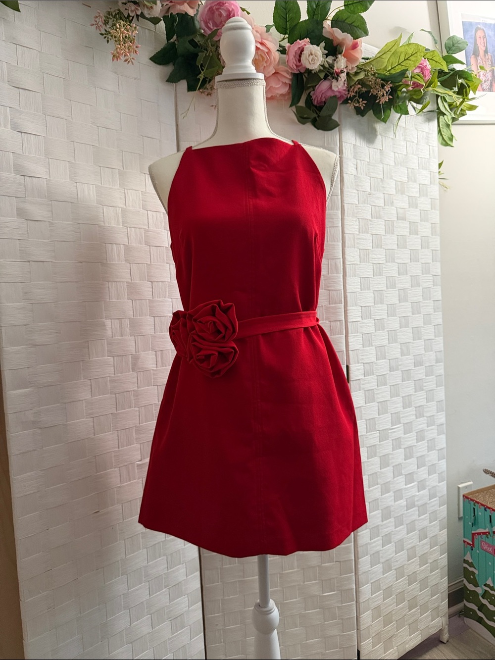 Zara Red Sleeveless Mini Dress with Rosette Belt
